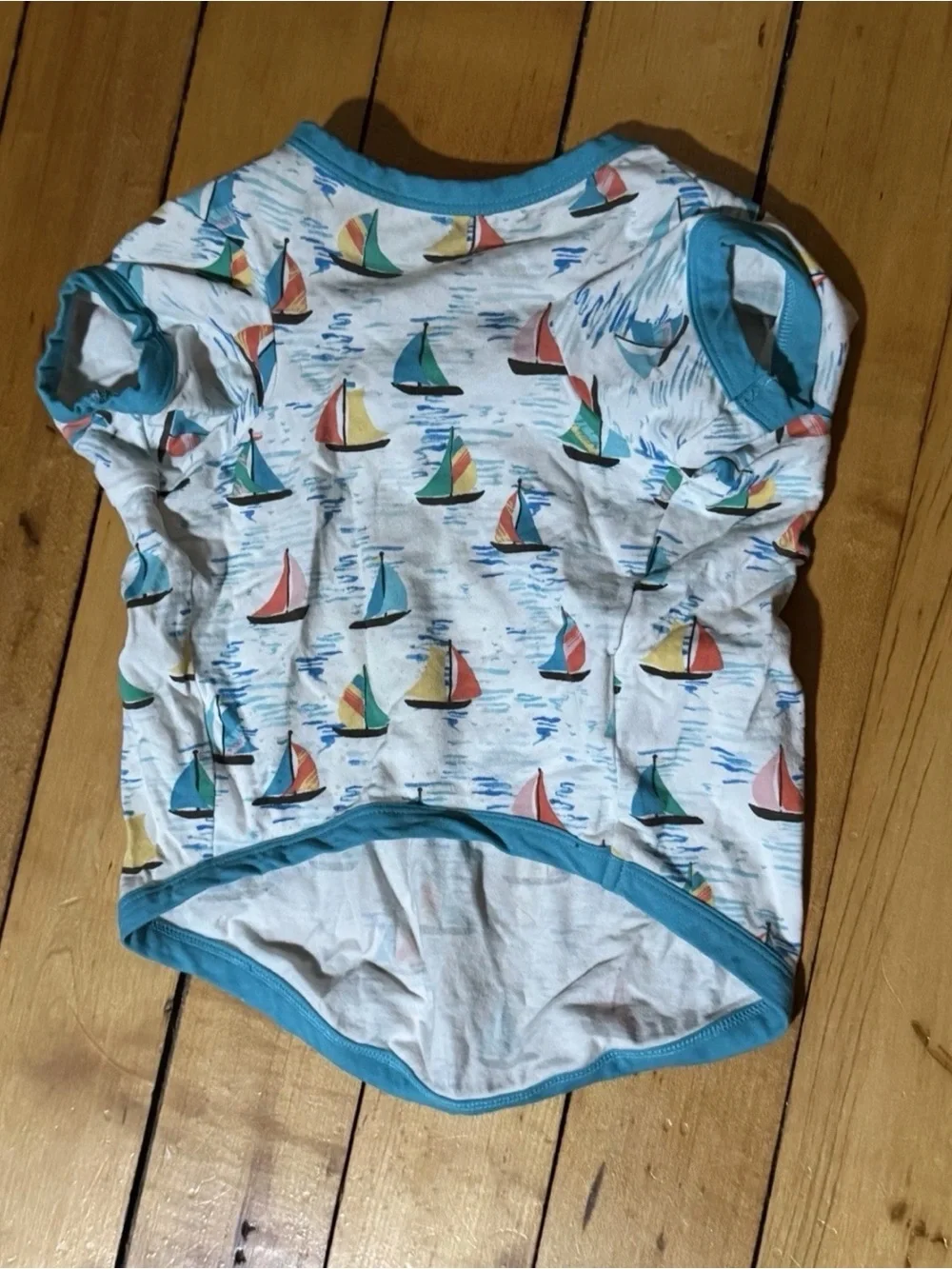 Bedhead PJs Pet Stretch Dog Pajama Blue With Colorful Sailboat Print L